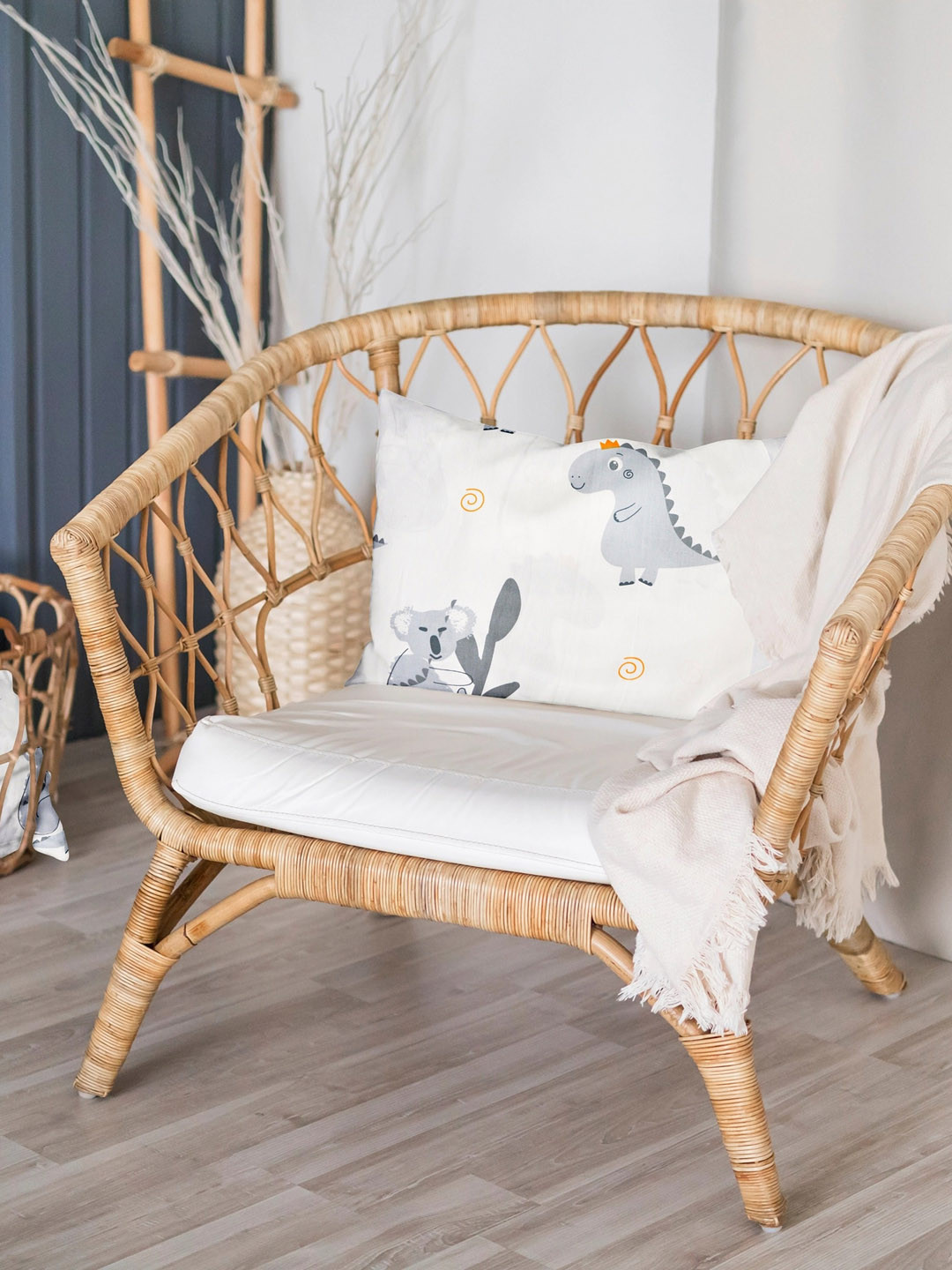 

THE BABY ATELIER Kids White & Grey Dinosaur Printed Organic Cotton Pillow Cover With Fillers