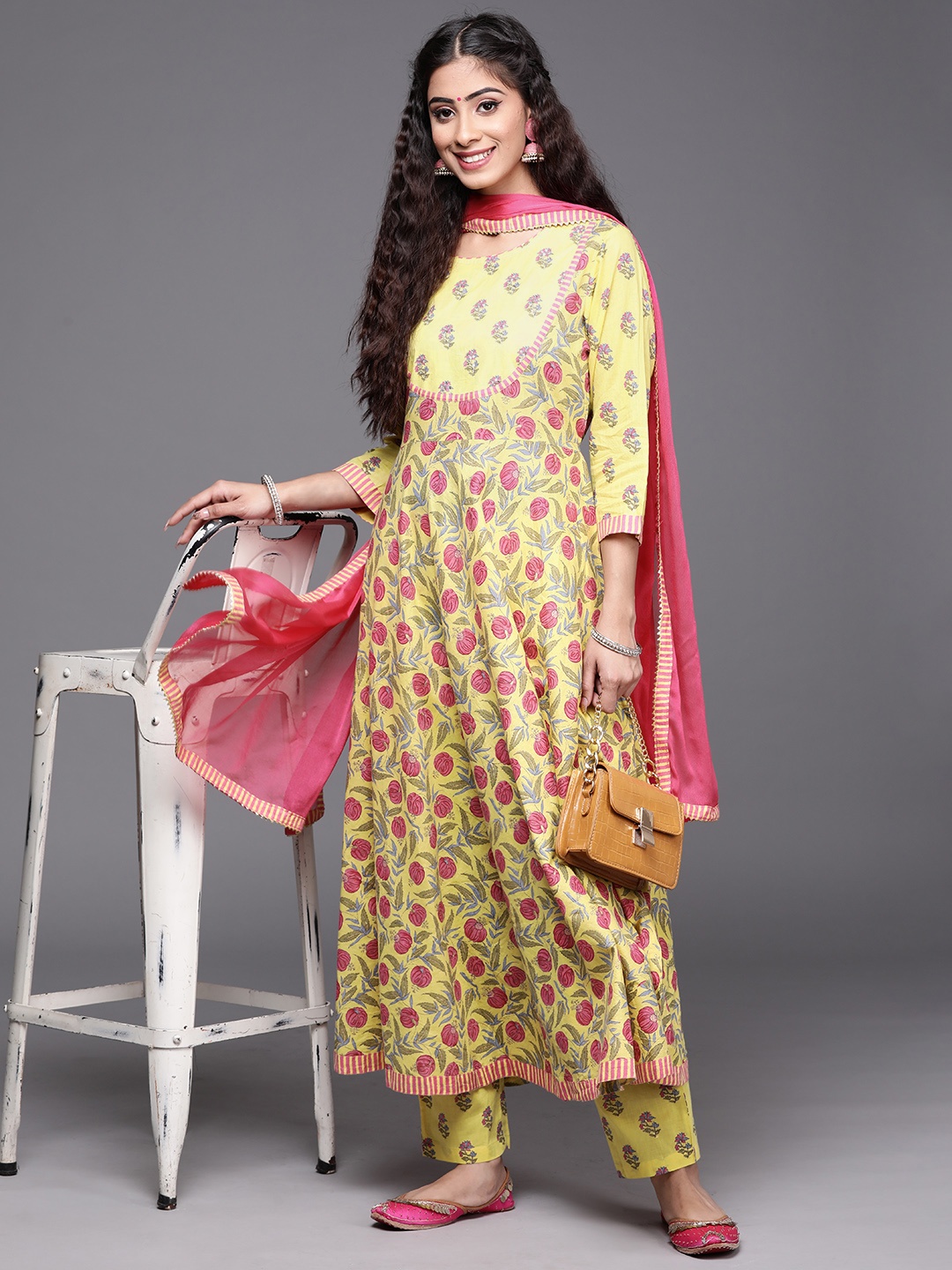

KSUT Women Yellow Pure Cotton Floral Printed Empire Kurta with Trousers & With Dupatta