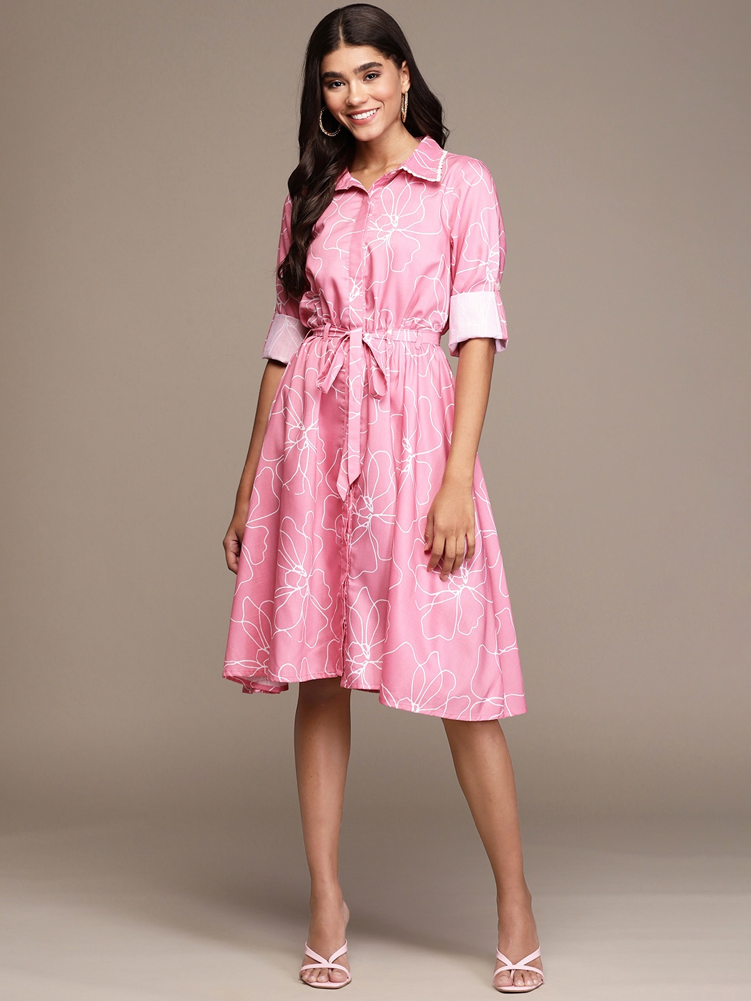 

ZIYAA Pink Floral Print Shirt Midi Dress