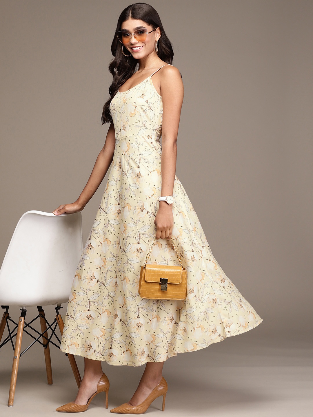 

ZIYAA Yellow & Off White Floral Print Maxi Dress