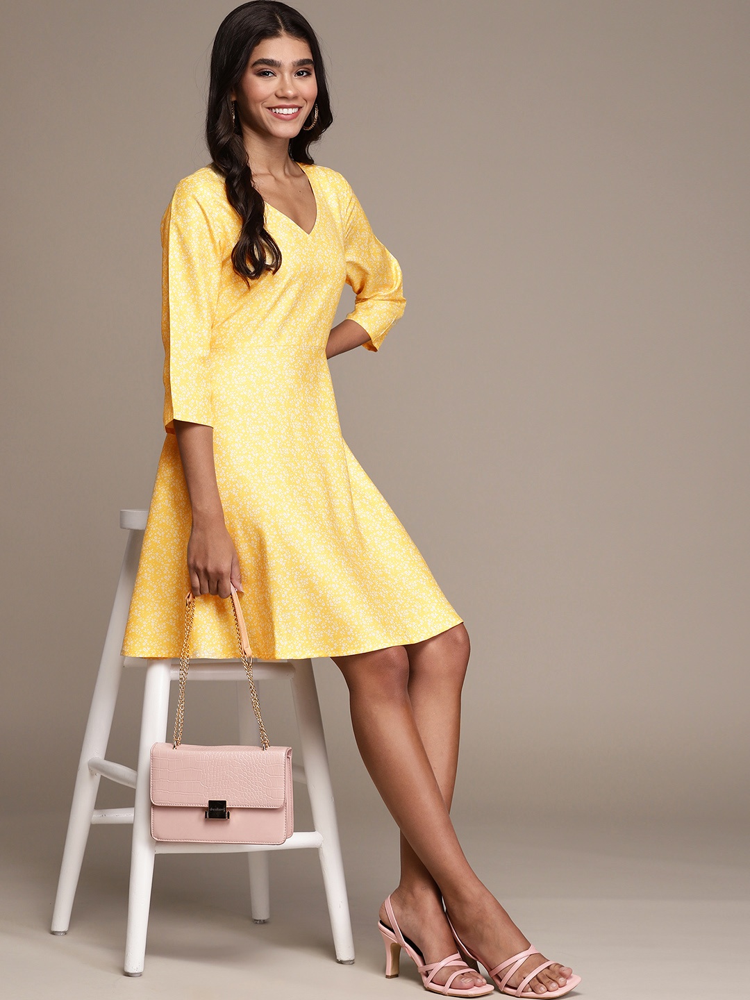 

ZIYAA Yellow Floral Print Mini Dress