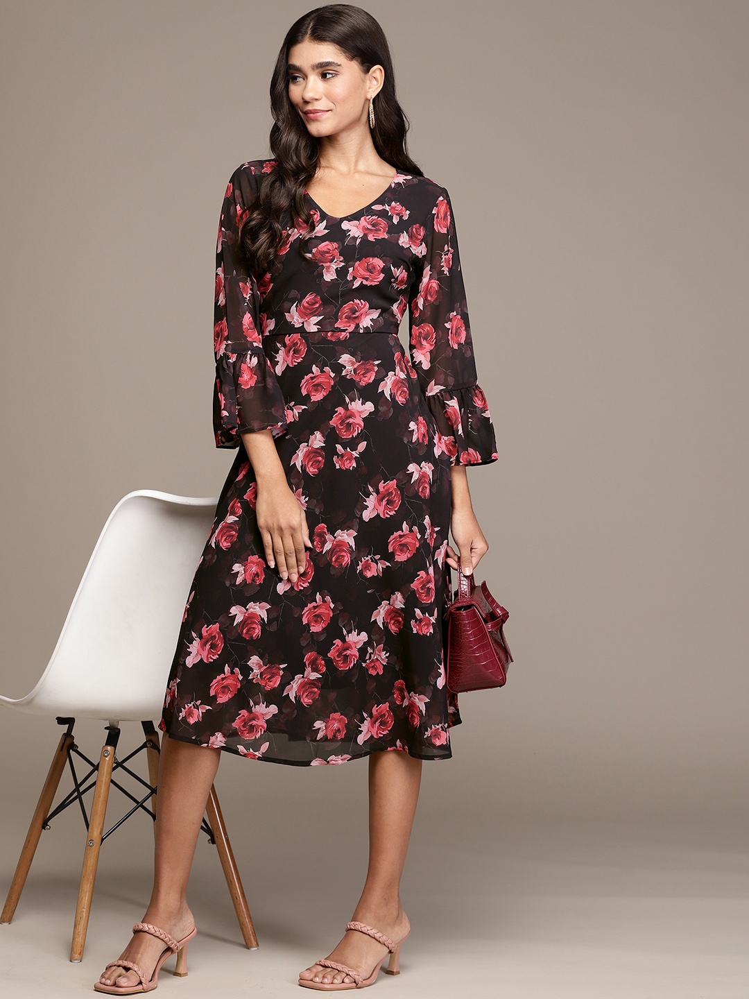 

ZIYAA Black & Red Floral Print A-Line Mini Dress