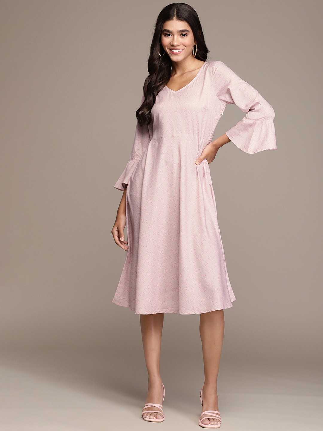 

ZIYAA Pink Floral Print A-Line Midi Dress