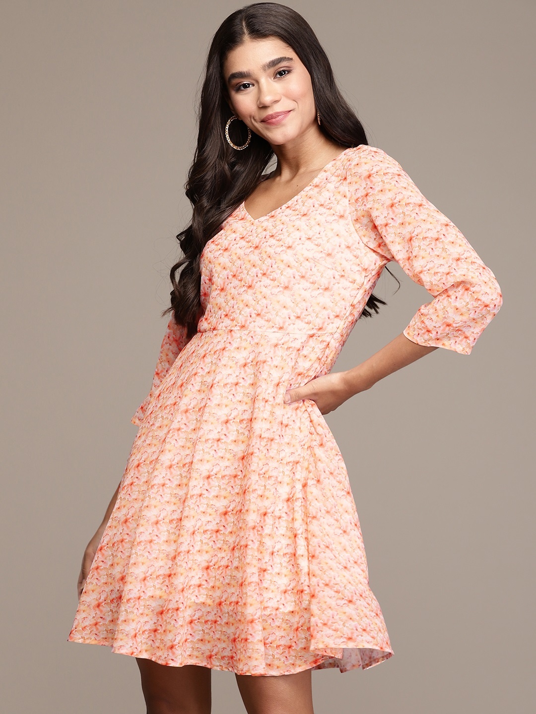 

ZIYAA Peach-Coloured Floral Print Mini Dress