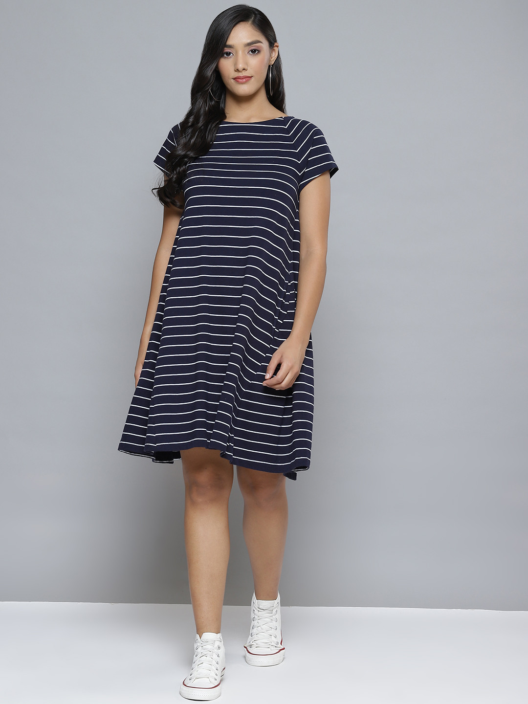 

Femella Navy Blue & White Striped A-Line Dress