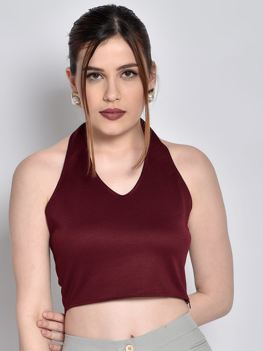 

CHIMPAAANZEE Women Maroon Halter Neck Crop Top