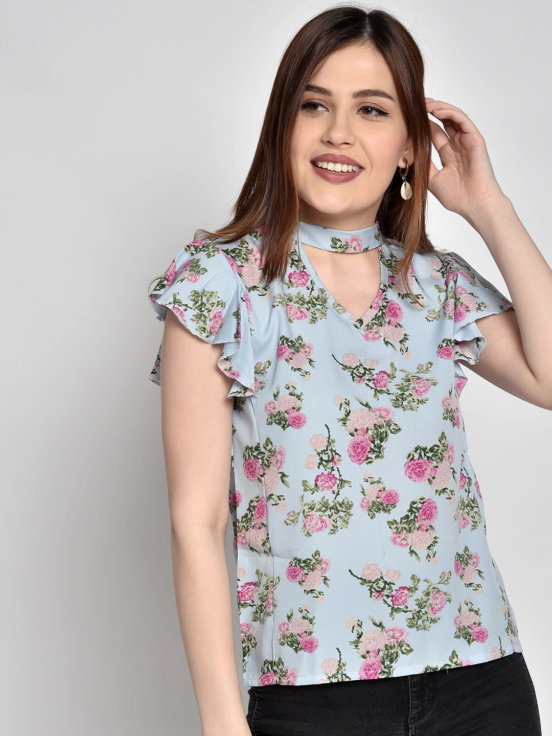 

CHIMPAAANZEE Women Blue Floral Print Choker Neck Top