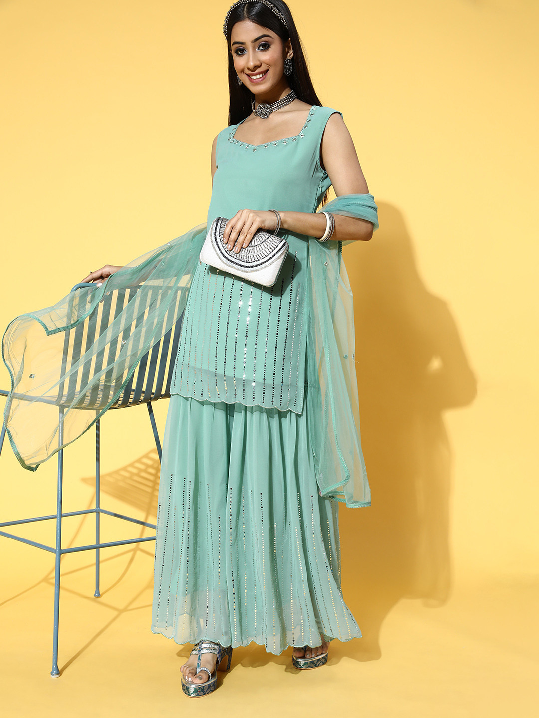 

Inddus Women Striped Poly-Georgette Ethereal Embroidery Kurta Set, Sea green
