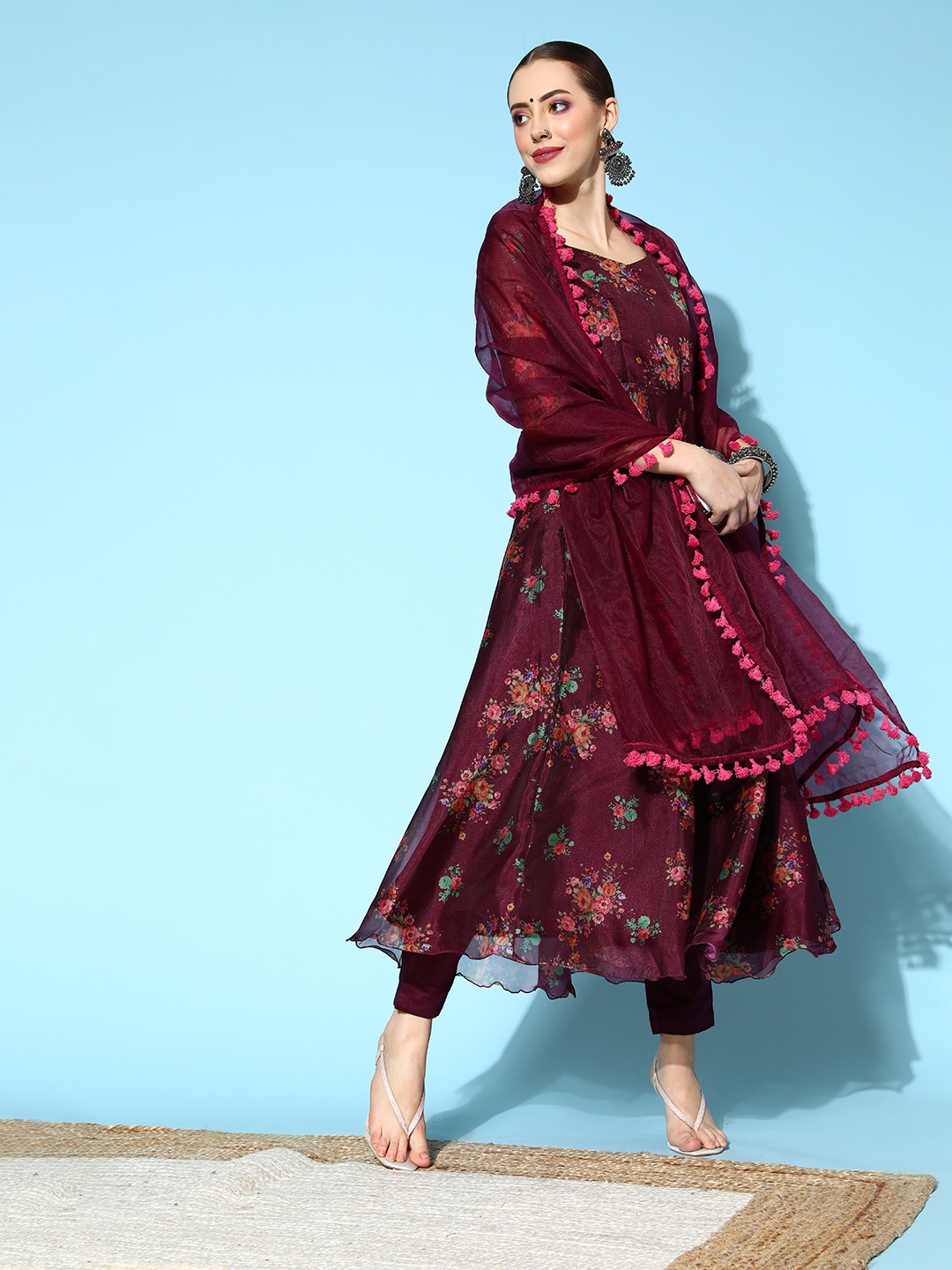 

Inddus Women Floral Organza Swirling Volume Kurta Set, Maroon