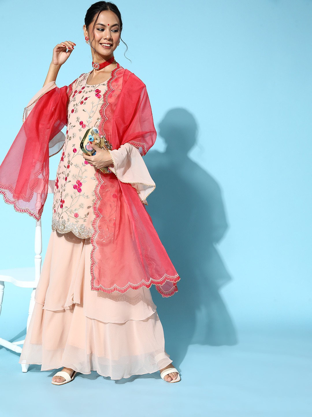 

Inddus Women Floral Poly-Georgette Ethereal Embroidery Kurta Set, Peach