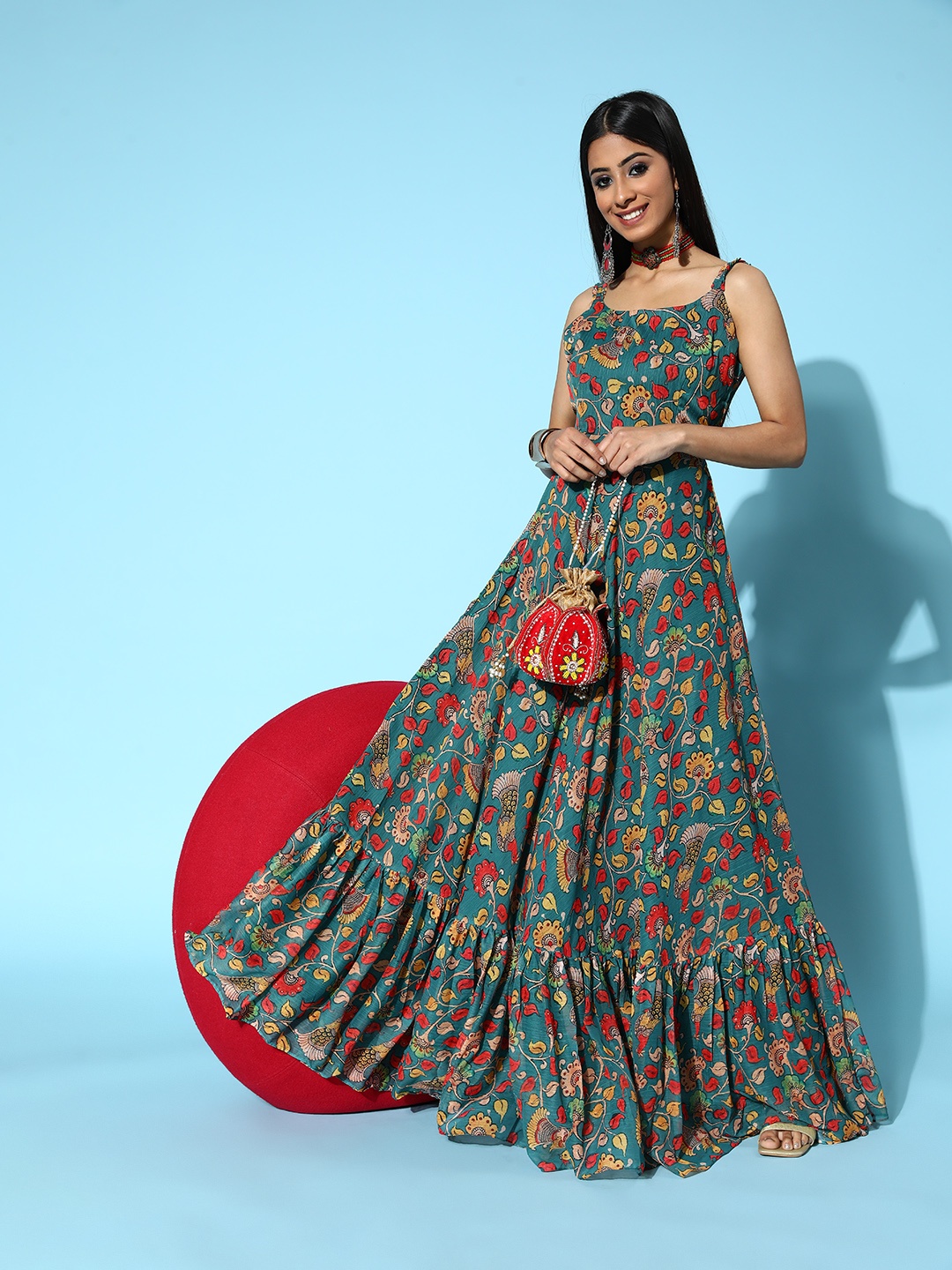 

Inddus Women Green Ethnic Motifs Ethereal Embroidery Dress