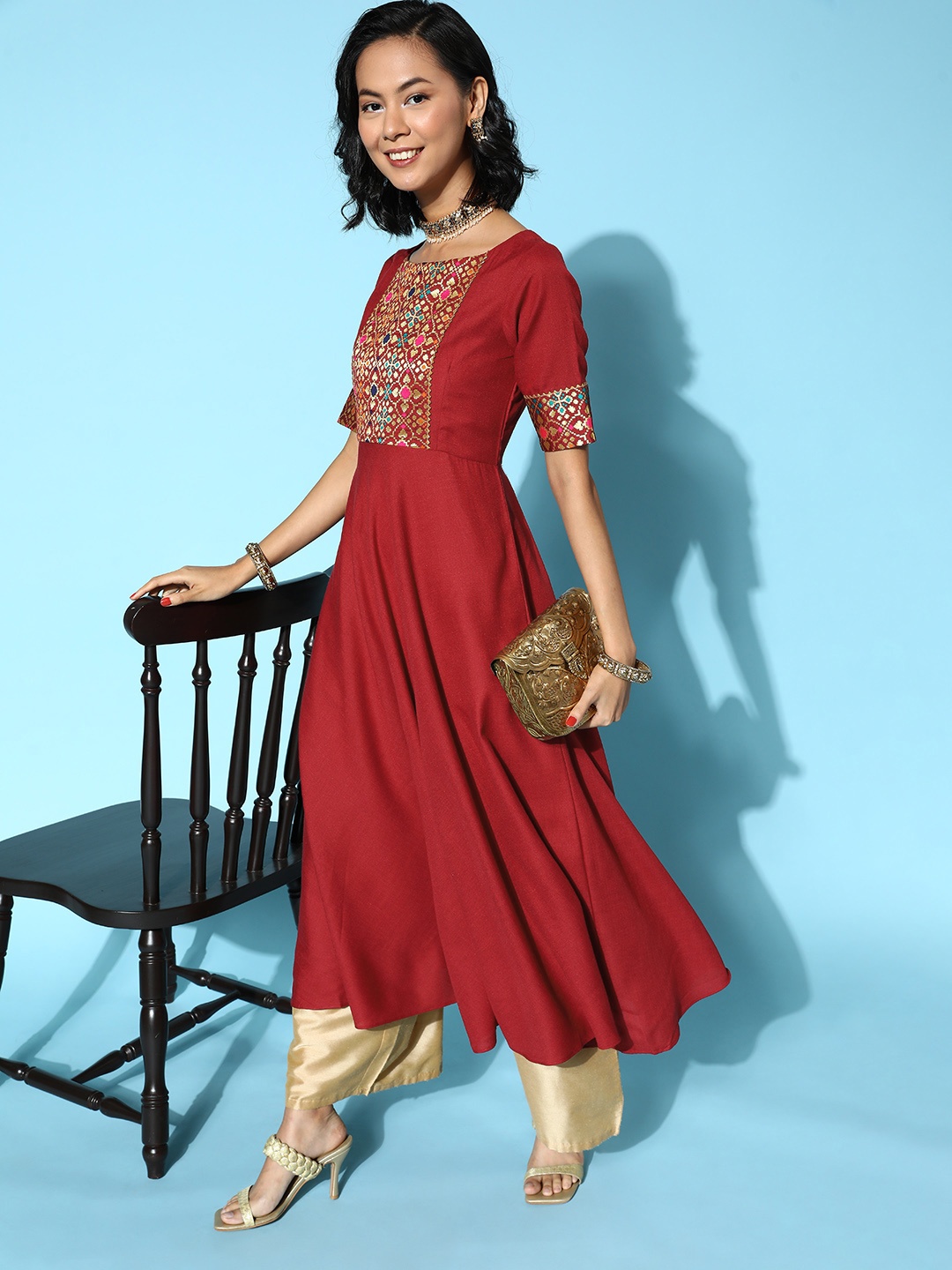 

Inddus Women Maroon Cotton Ethereal Embroidery Kurta