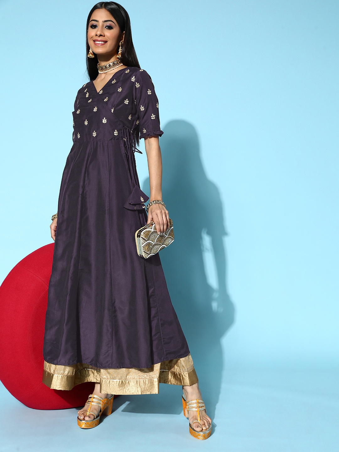 Inddus Women Purple Silk Swirling Volume Kurta