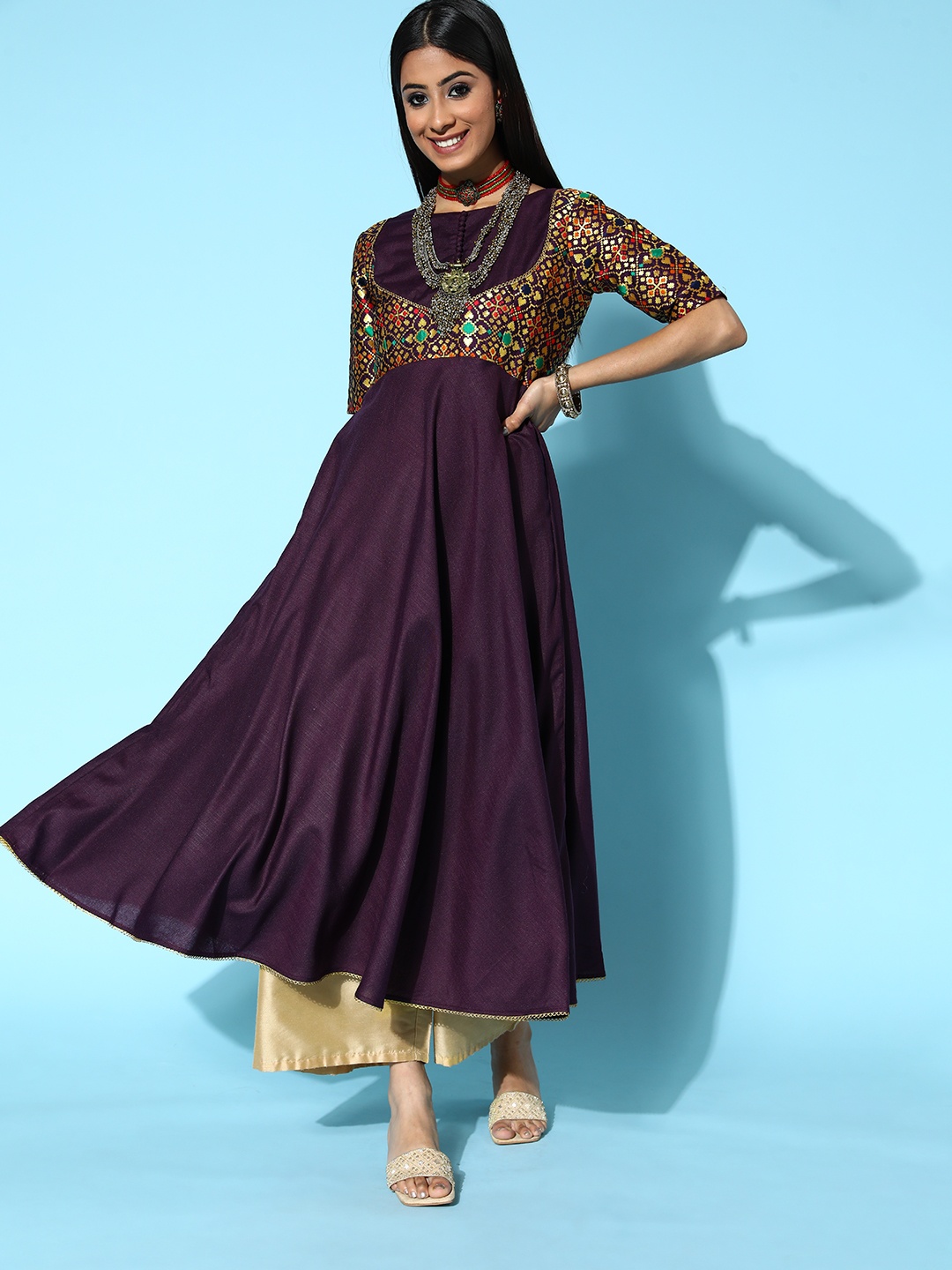 

Inddus Women Deep Burgundy Silk Ethereal Embroidery Kurta