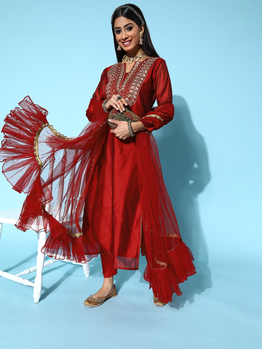 

Inddus Women Solid Chanderi Cotton Ethereal Embroidery Kurta Set, Maroon