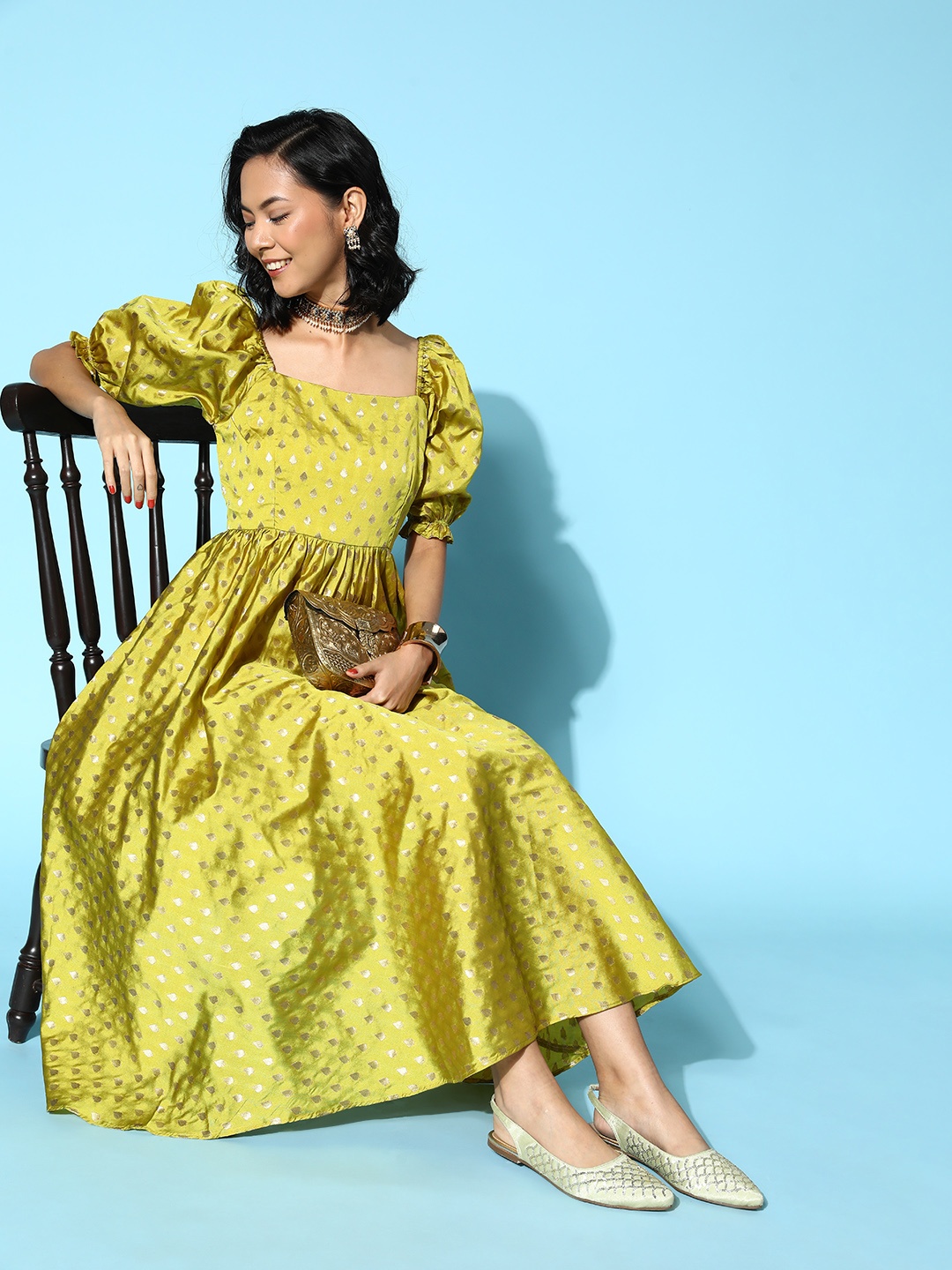 

Inddus Women Lime Green Self-Design Ethereal Embroidery Dress