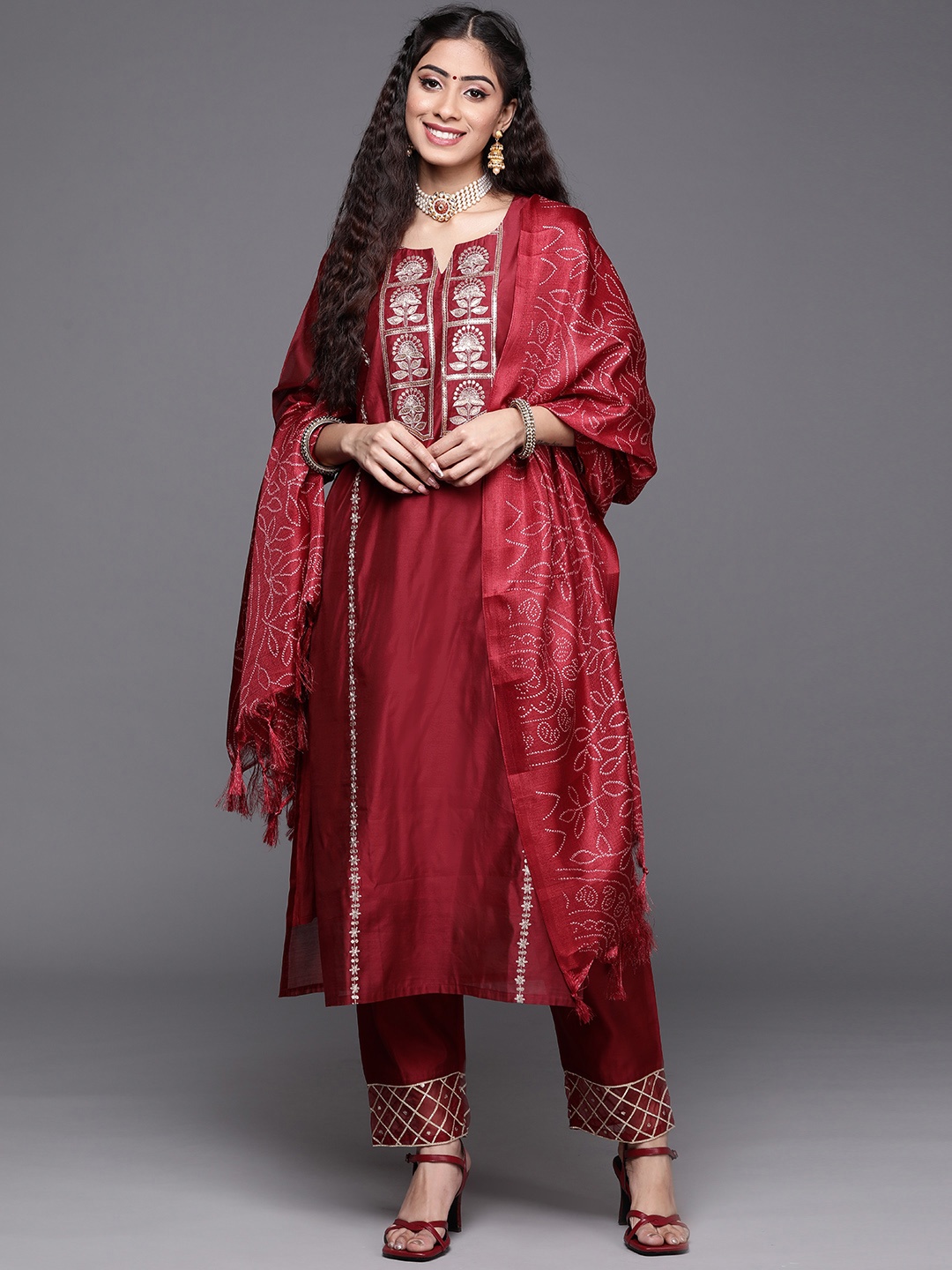 

Varanga Women Maroon Embroidered Kurta with Trousers & With Dupatta