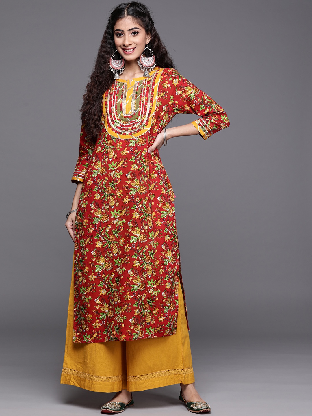 

Varanga Women Red & Mustard Yellow Pure Cotton Floral Printed Patchwork Detail Kurta