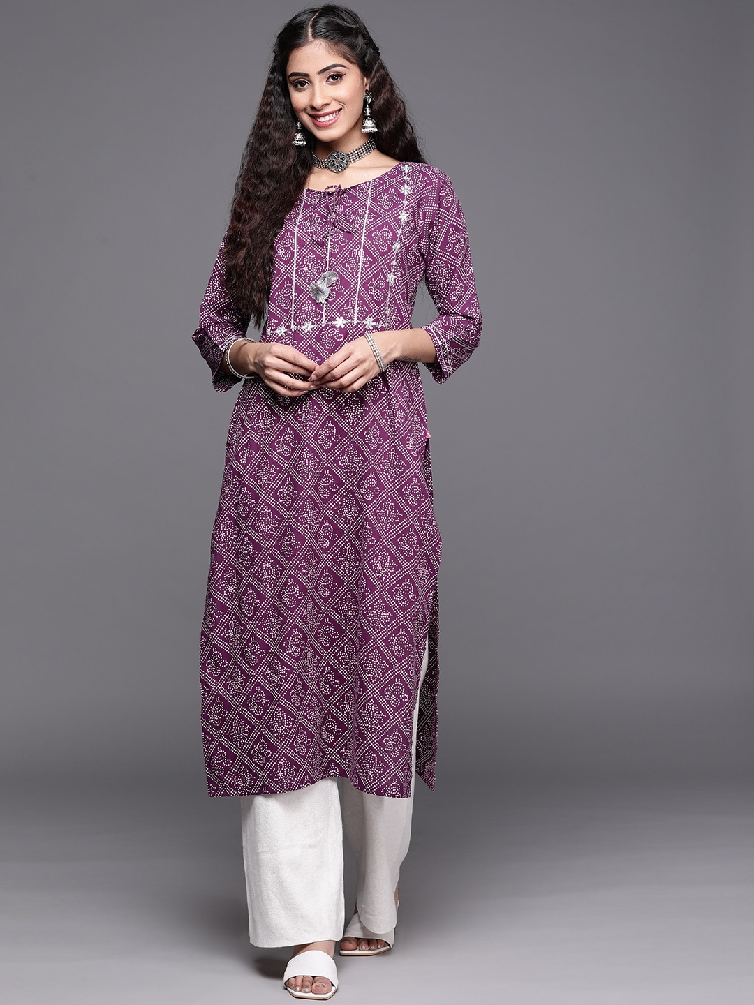 

Varanga Women Purple & White Pure Cotton Bandhani Printed Embroidered Detail Kurta