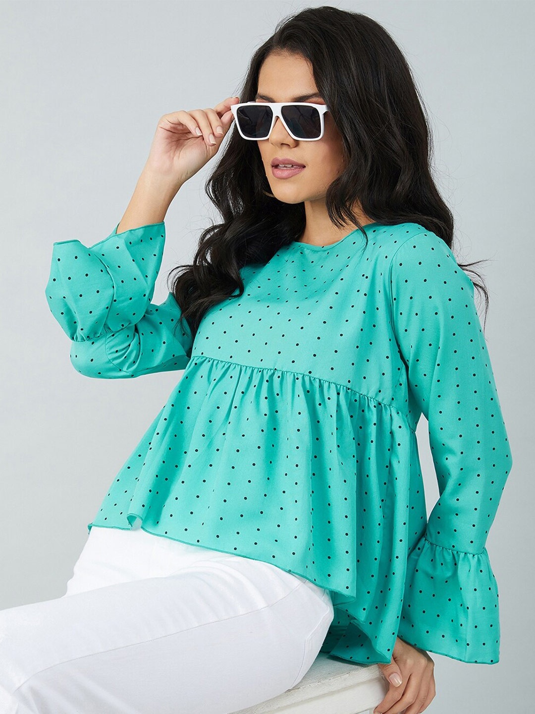 

CHIMPAAANZEE Green & Navy Blue Polka Dot Printed Peplum Top