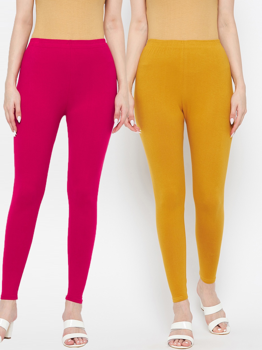 

Clora Creation Women Pack Of 2 Mustard & Magenta Solid Pure Cotton Ankle Length Leggings