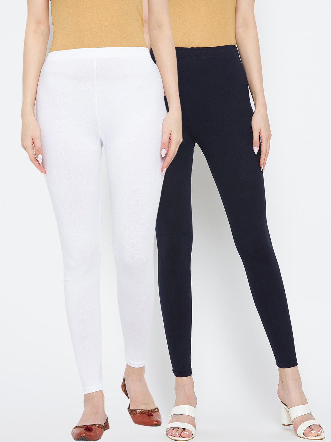 

Clora Creation Women Pack Of 2 Navy Blue & Off-White Solid Cotton Ankle-Length Leggings