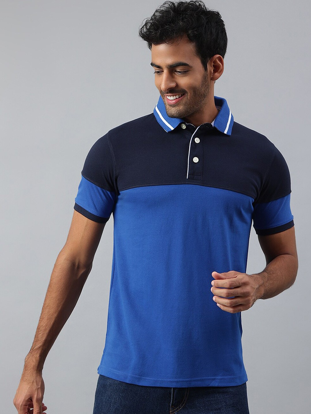 

MR BUTTON Men Blue & Navy Blue Colourblocked Polo Collar Slim Fit T-shirt