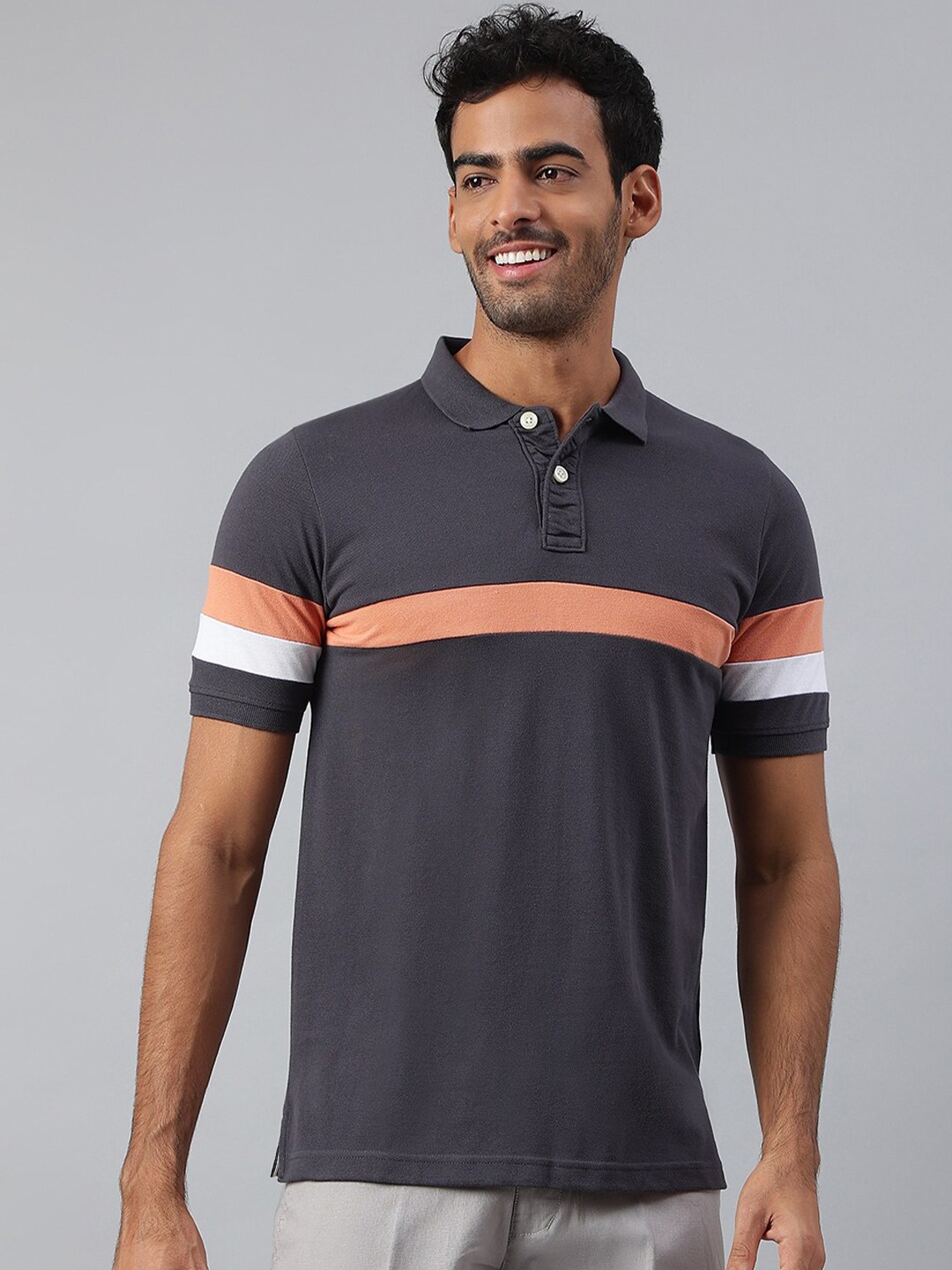 

MR BUTTON Men Grey & Peach-Coloured Striped Polo Collar Slim Fit T-shirt