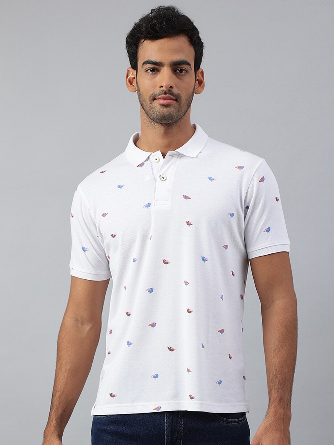 

MR BUTTON Men White Printed Polo Collar Slim Fit T-shirt