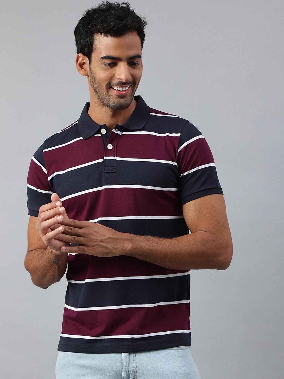 

MR BUTTON Men Navy Blue & Maroon Striped Polo Collar Slim Fit T-shirt