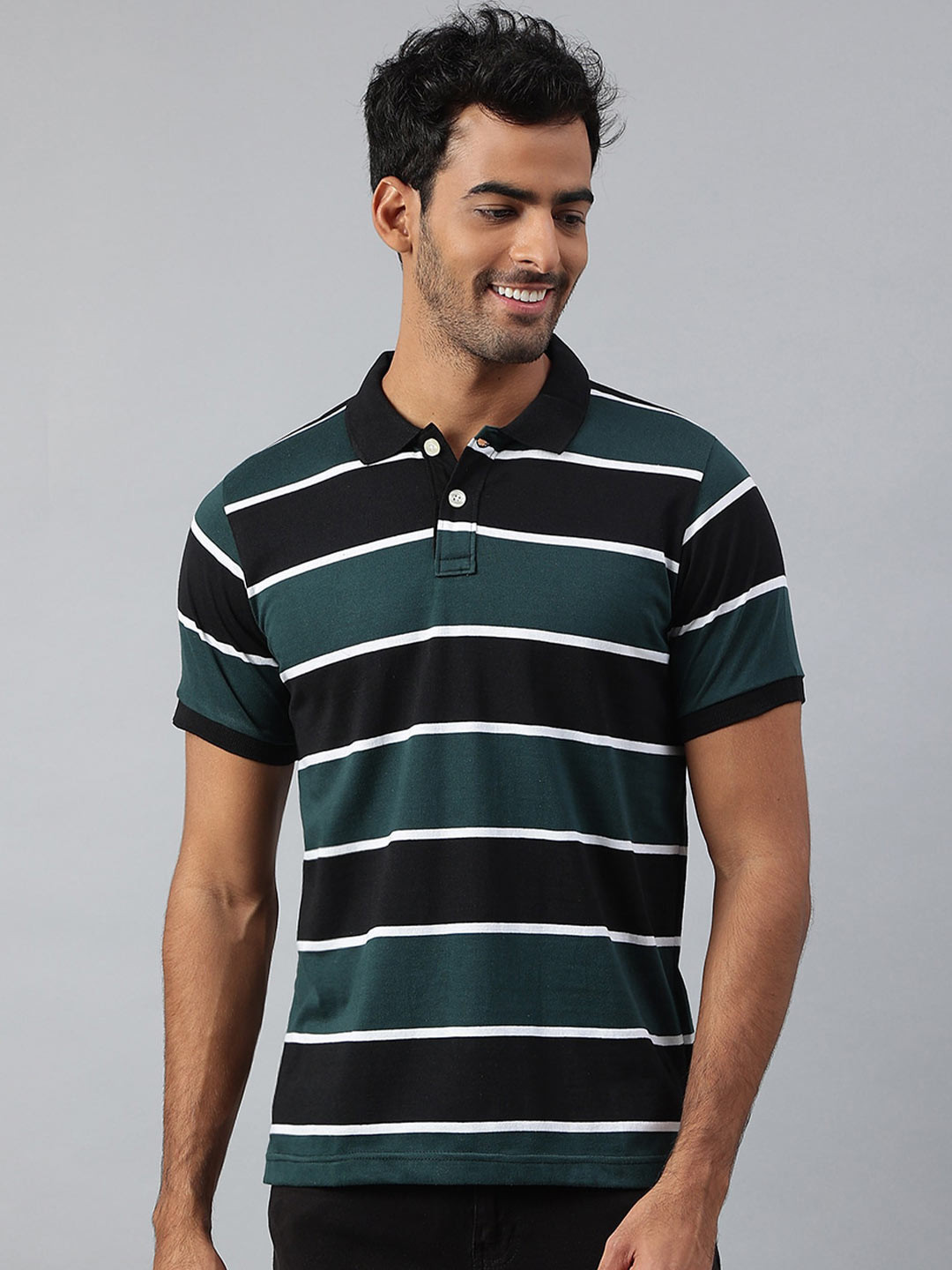 

MR BUTTON Men Green & Black Striped Polo Collar Slim Fit T-shirt