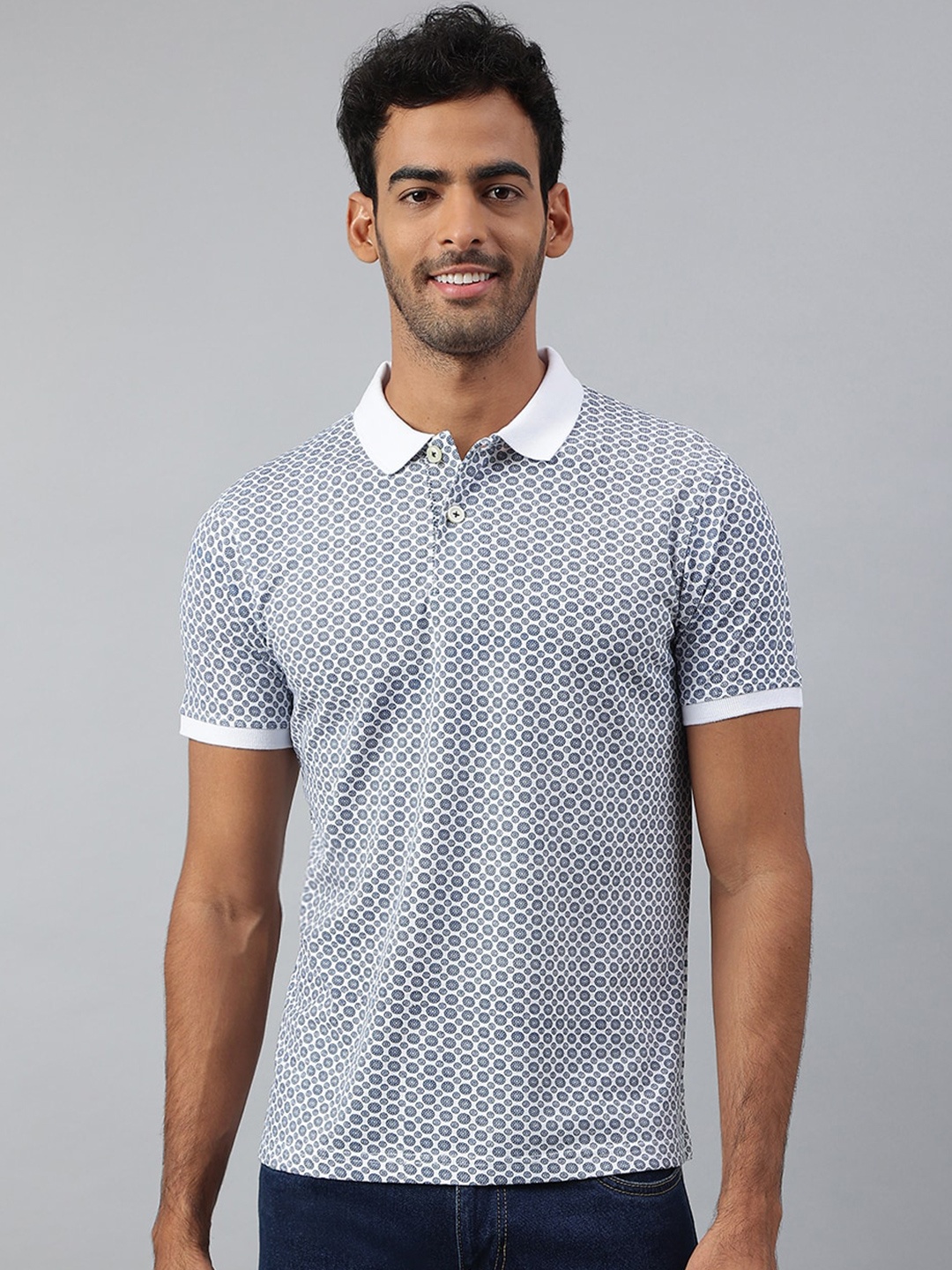 

MR BUTTON Men White & Navy Blue Floral Printed Polo Collar Slim Fit T-shirt