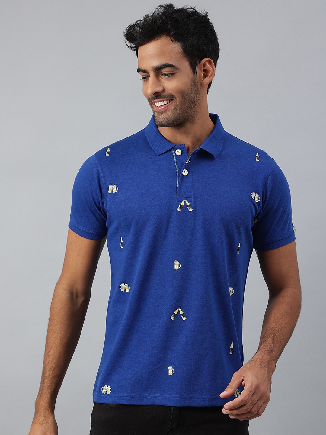 

MR BUTTON Men Blue Printed Polo Collar Slim Fit T-shirt