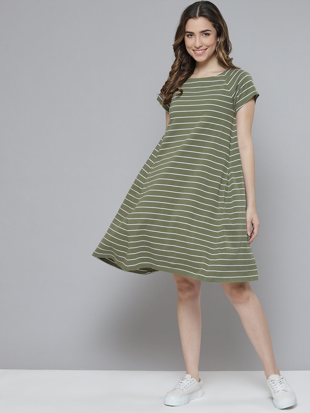 

Femella Olive Green & White Striped Cotton A-Line Dress