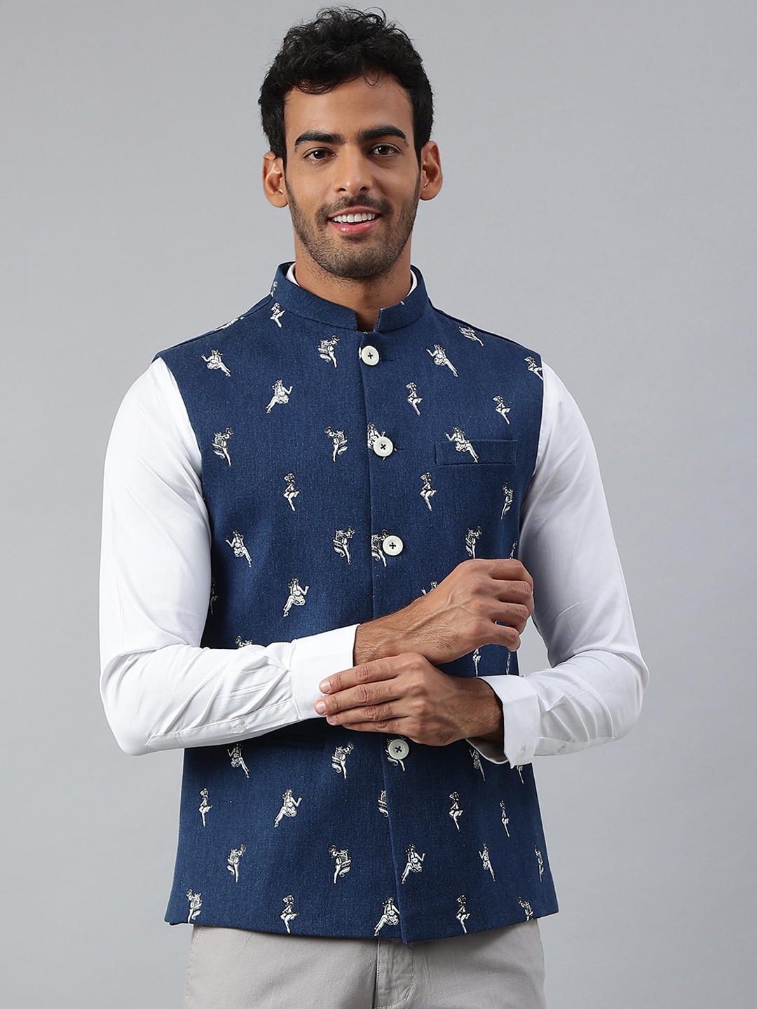 

MR BUTTON Men Blue Printed Woven Nehru Jacket