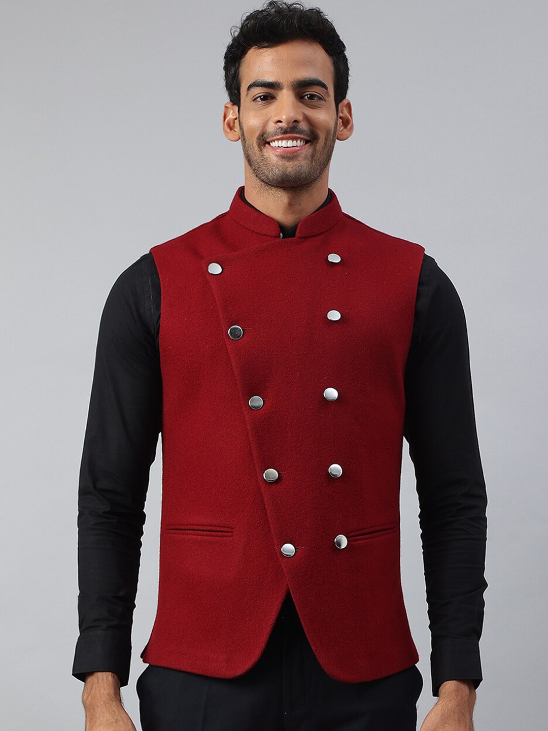 

MR BUTTON Men Red Solid Nehru Jacket