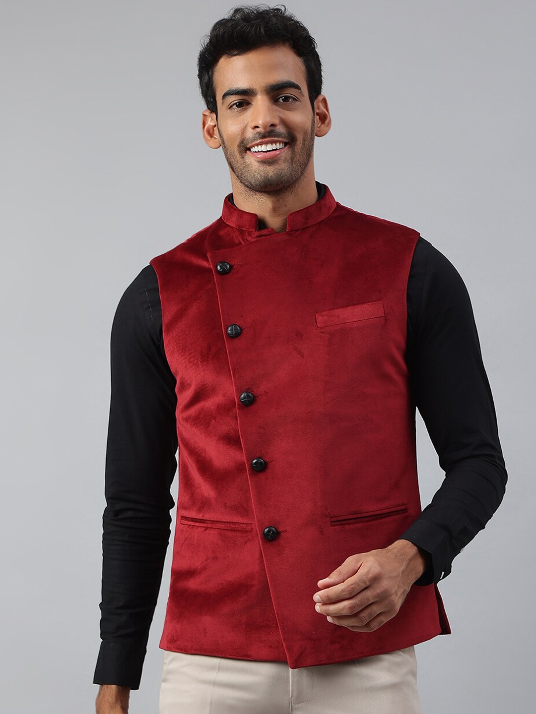

MR BUTTON Men Red Solid Velvet Nehru Jacket