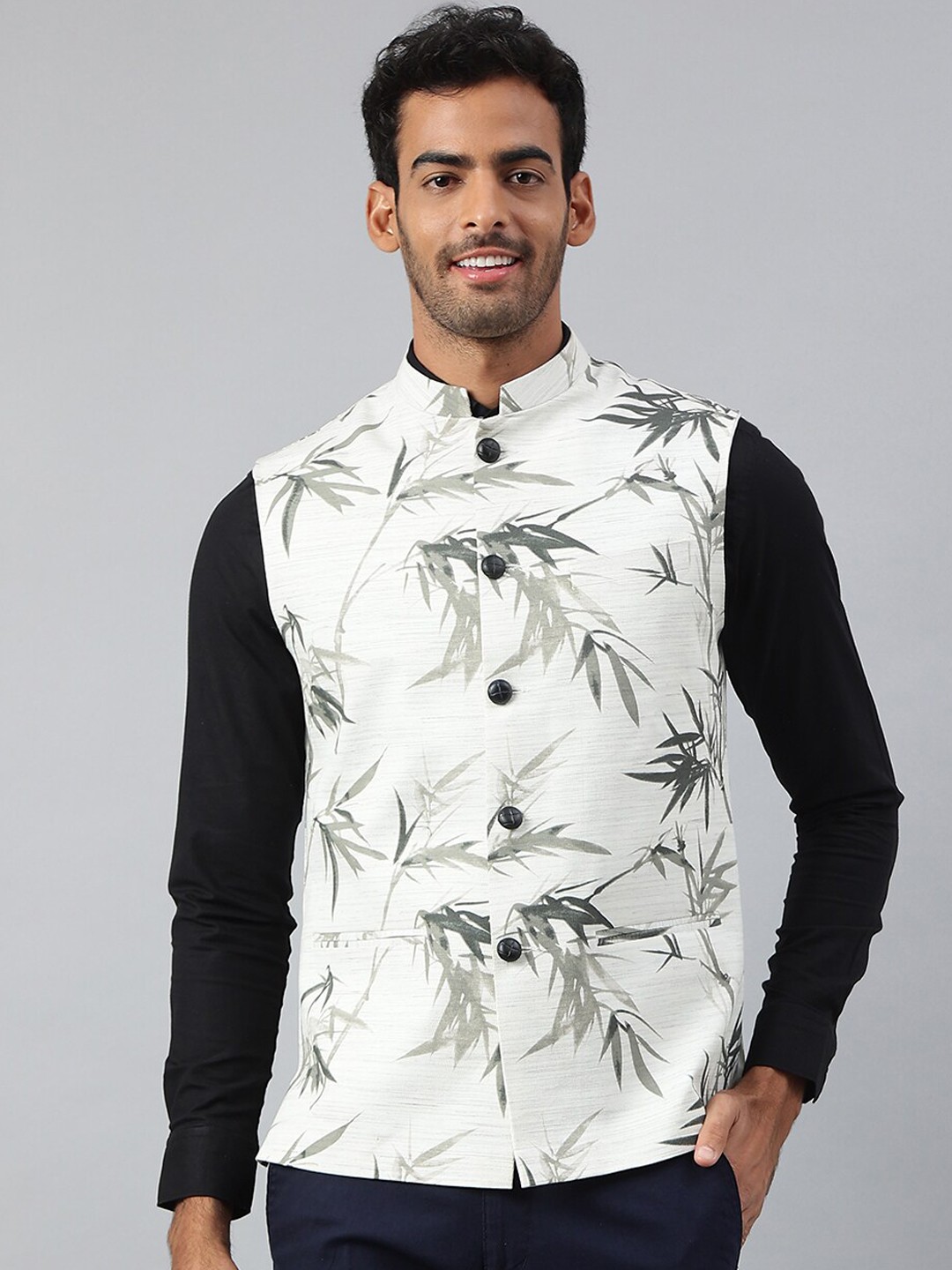 

MR BUTTON Men White & Grey Printed Cotton Nehru Jacket