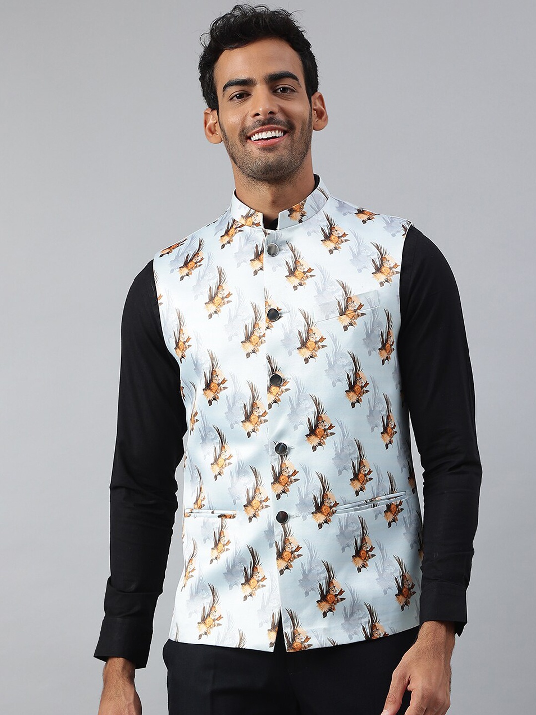 

MR BUTTON Men Blue Floral Printed Nehru Jacket