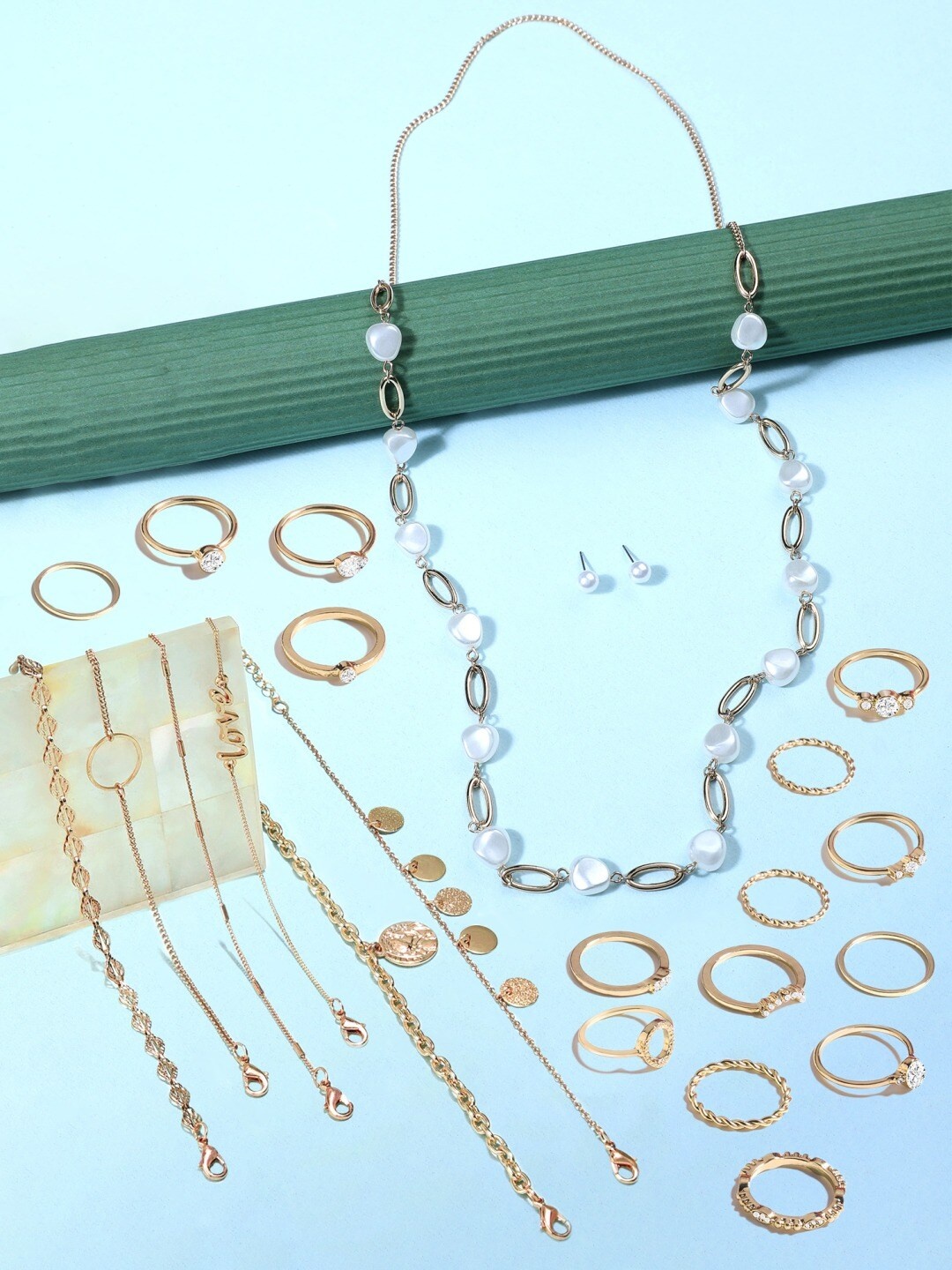 

AMI Gold-Toned Gold-Plated Contemporary Necklace Earring Bracelet & Ring Set
