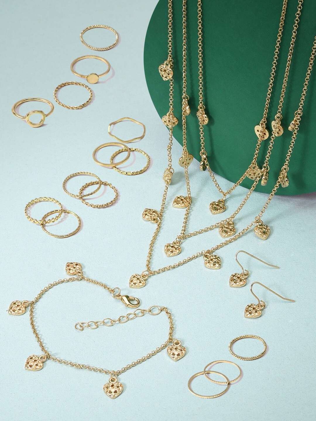 

AMI Gold-Toned Gold-Plated Contemporary Layered Necklace earring Bracelet & Ring Set