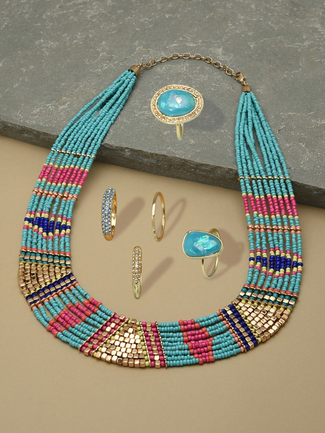 

AMI Sea Green & Gold-Plated Contemporary Necklace & Ring Set