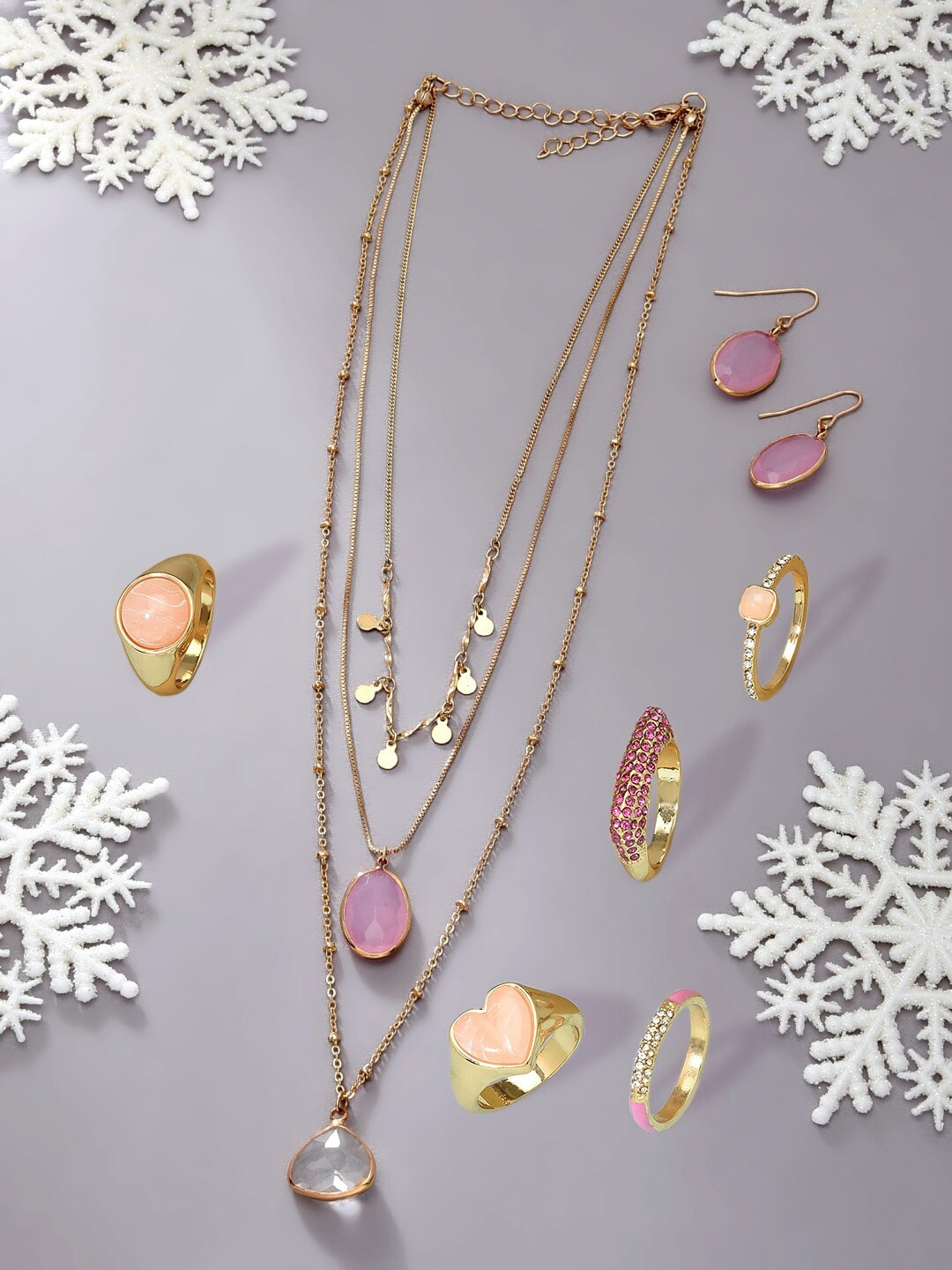 

AMI Gold-Plated Layered Jewellery Set With Rings, Pink