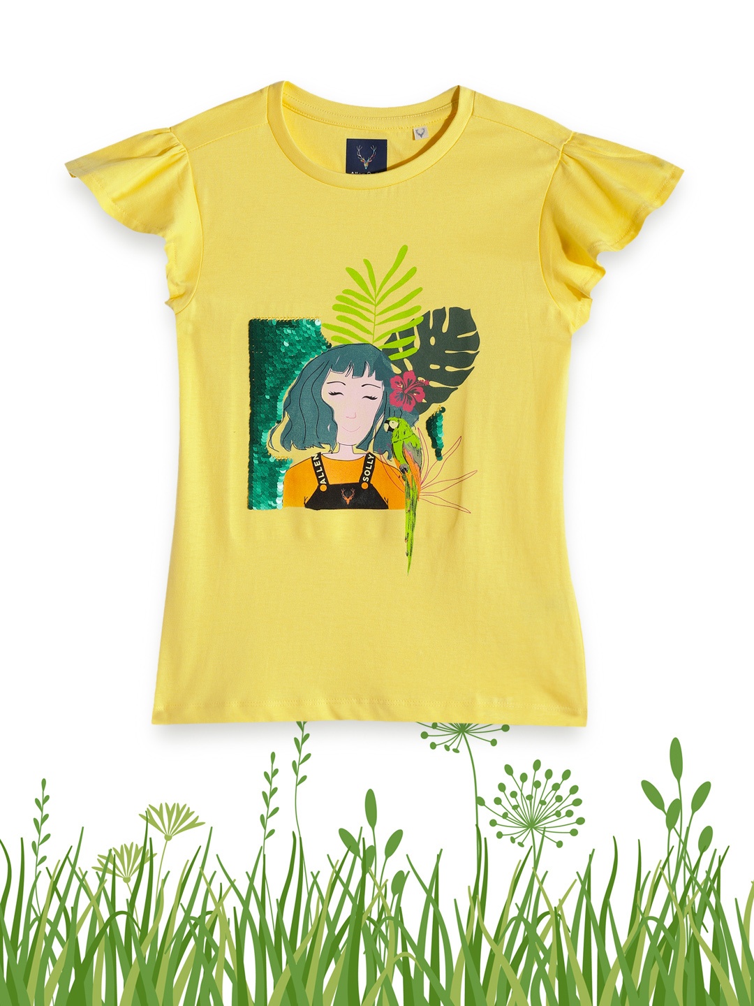 

Allen Solly Junior Girls Yellow Printed with Flip Sequin Pure Cotton T-shirt