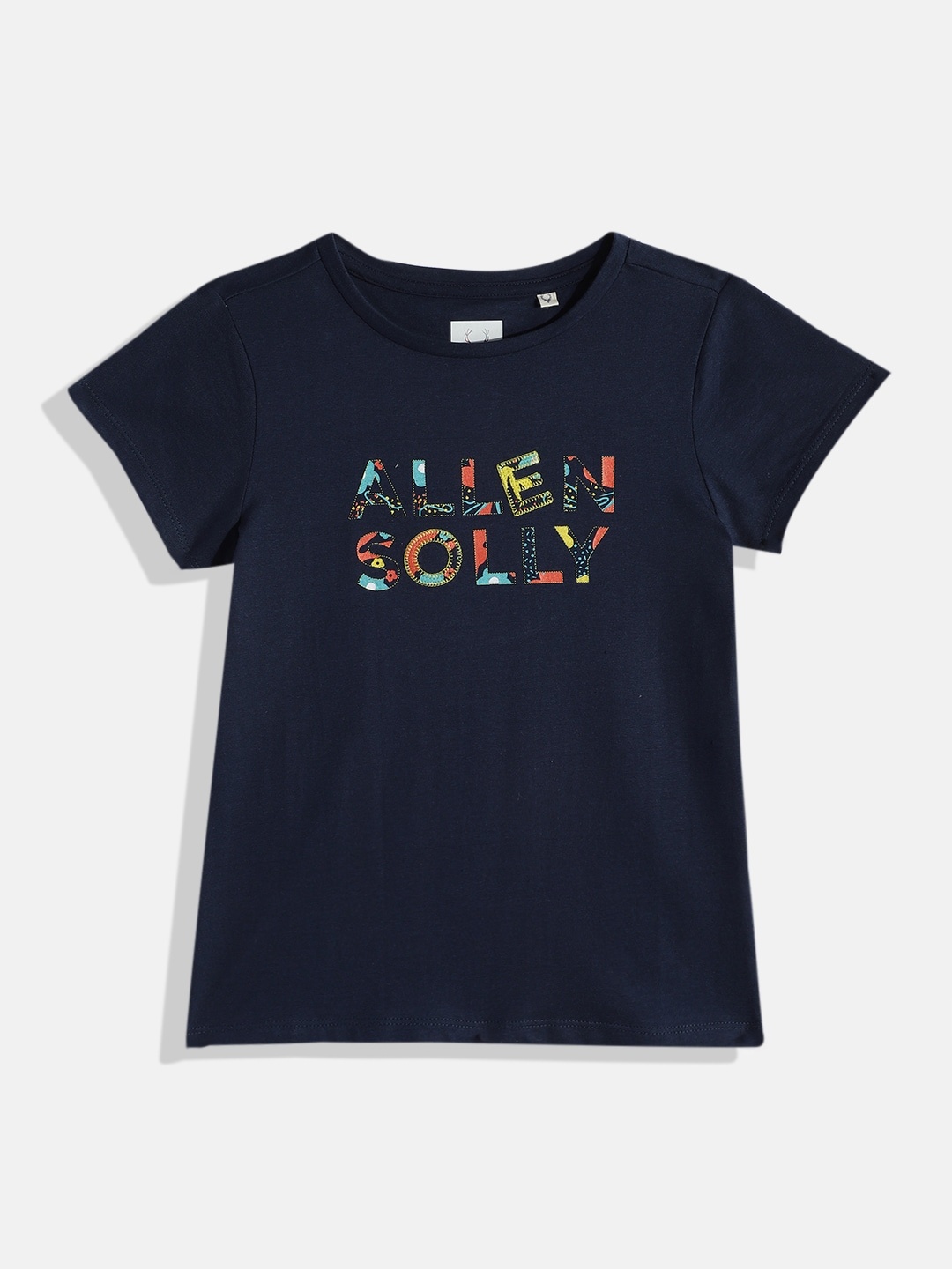 

Allen Solly Junior Girls Navy Blue Brand Logo Printed Pure Cotton Applique T-shirt