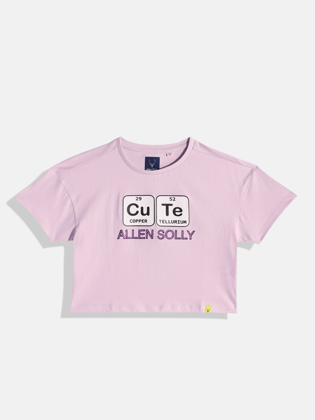 

Allen Solly Junior Girls Purple & White Brand Logo Printed Pure Cotton Cropped T-shirt