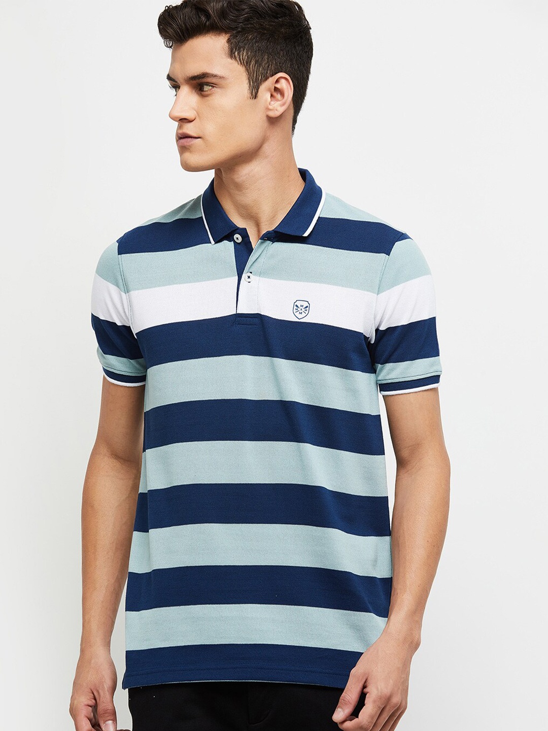 

max Men Blue & White Striped Polo Collar T-shirt
