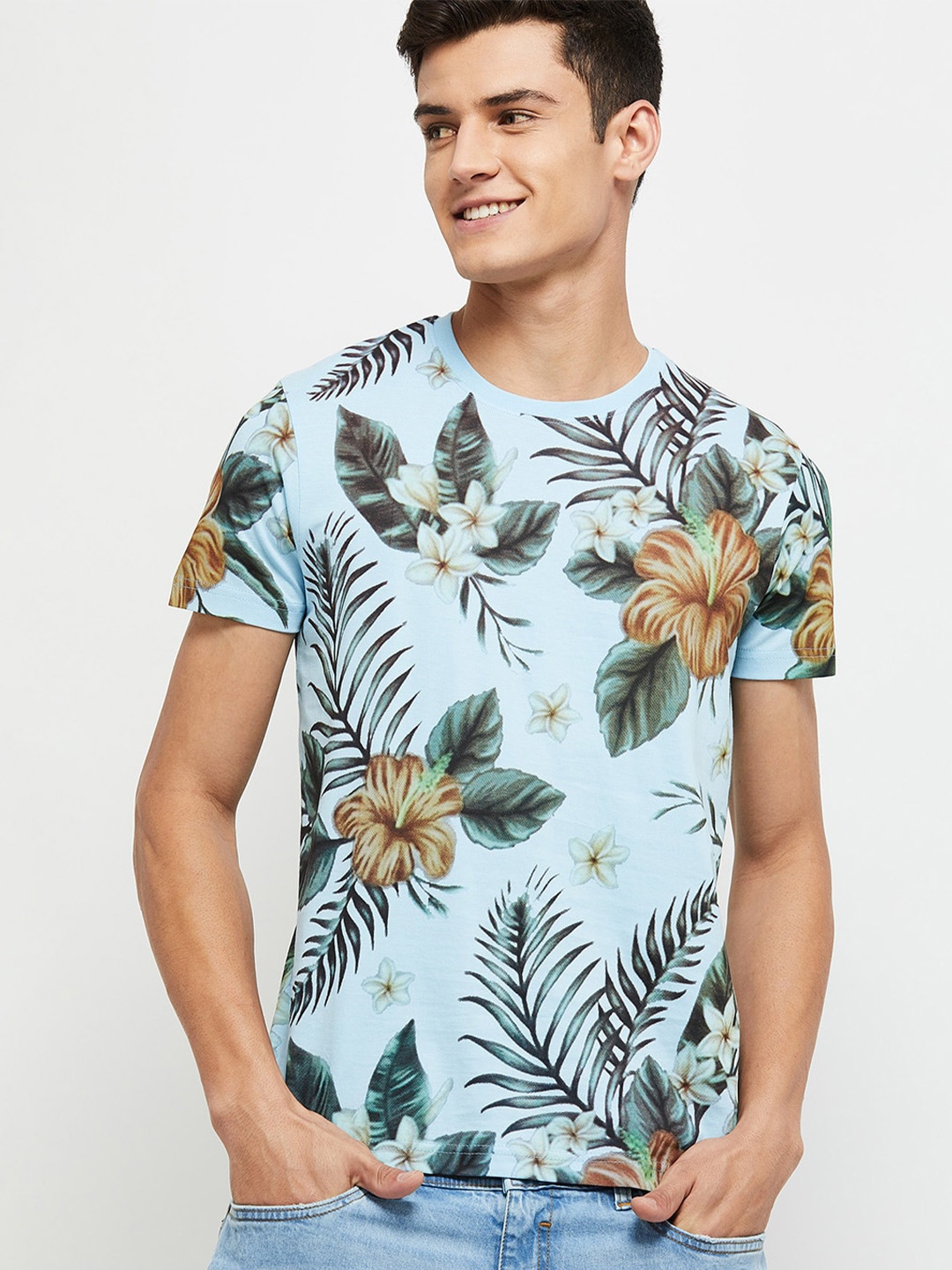 

max Men Blue Floral Printed Cotton T-shirt
