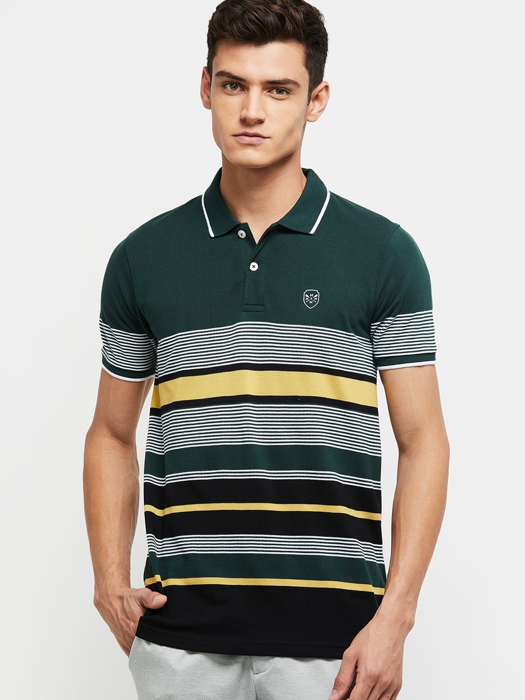 

max Men Green & Yellow Striped Polo Collar T-shirt