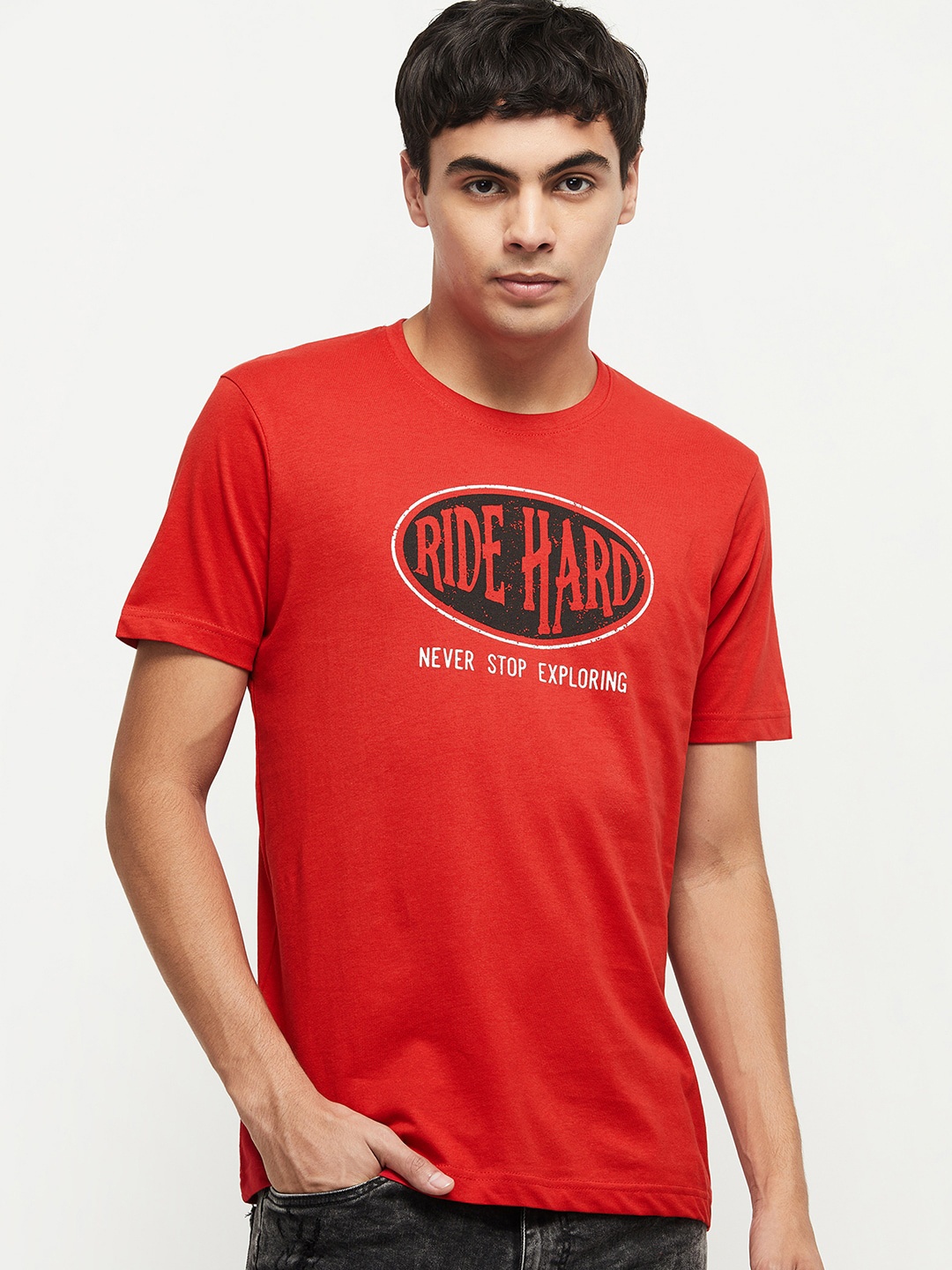 

max Men Red Typography Printed T-shirt